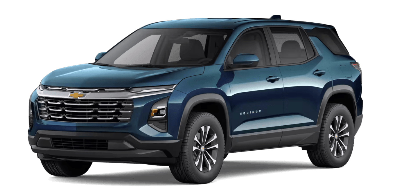 Front three-quarter view of a 2027 Equinox LT in Lakeshore Blue Metallic.