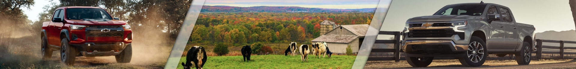 A red Colorado drives down a dirt road. A landscape shot of upstate New York farmland and cows. A Silver Silverado HD parked at a ranch.