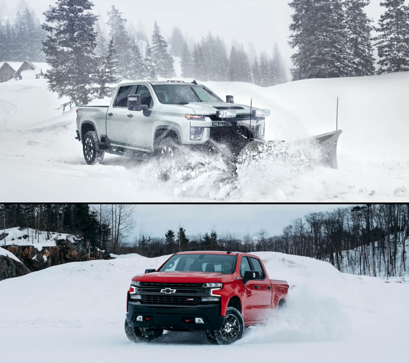A white Chevy Silverado HD plows deep snow. A Red Chevy Silverado offroads in a snowy field.