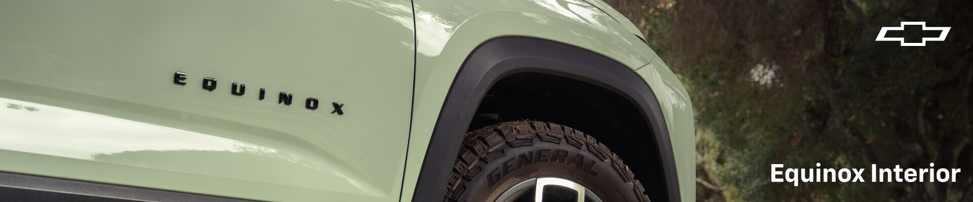 Side view close-up of Green Chevrolet Equinox lower door badge and wheel on grass.
