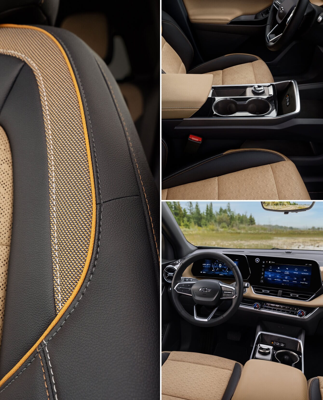Interior collage of tan and black Chevrolet Equinox ACTIV showing seat fabric, center console, and dashboard.