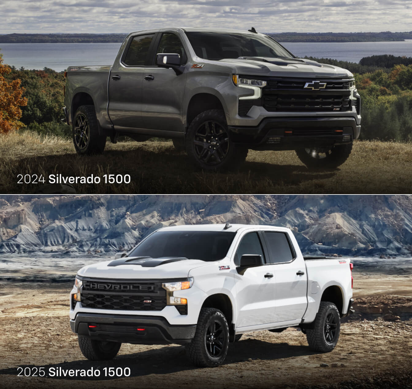 On top a 2024 Chevy Silverado 1500 in Sterling Grey Metallic and on bottom a 2025 Chevy Silverado 1500 in Black