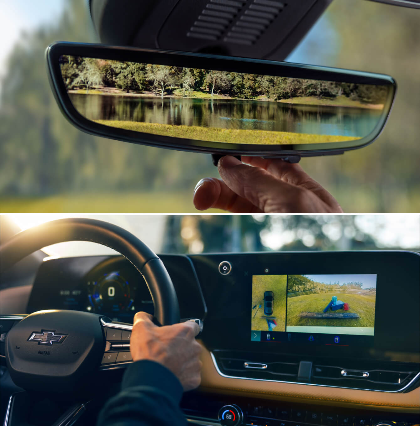 Split view of Chevrolet Equinox digital rearview mirror and infotainment camera screen display.