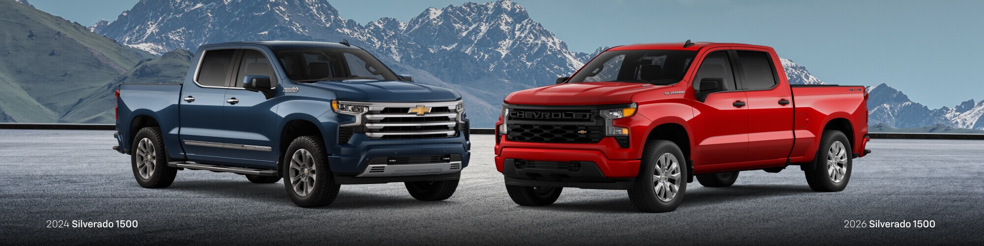 2025 Chevrolet Silverado 1500 in Red Hot & a 2024 Chevrolet Silverado 1500 in Lakeshore Blue Metallic