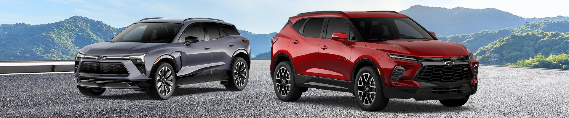 Two new 2025 Chevy Blazers: EV RS in Galaxy Gray & RS Crossover in Radiant Red