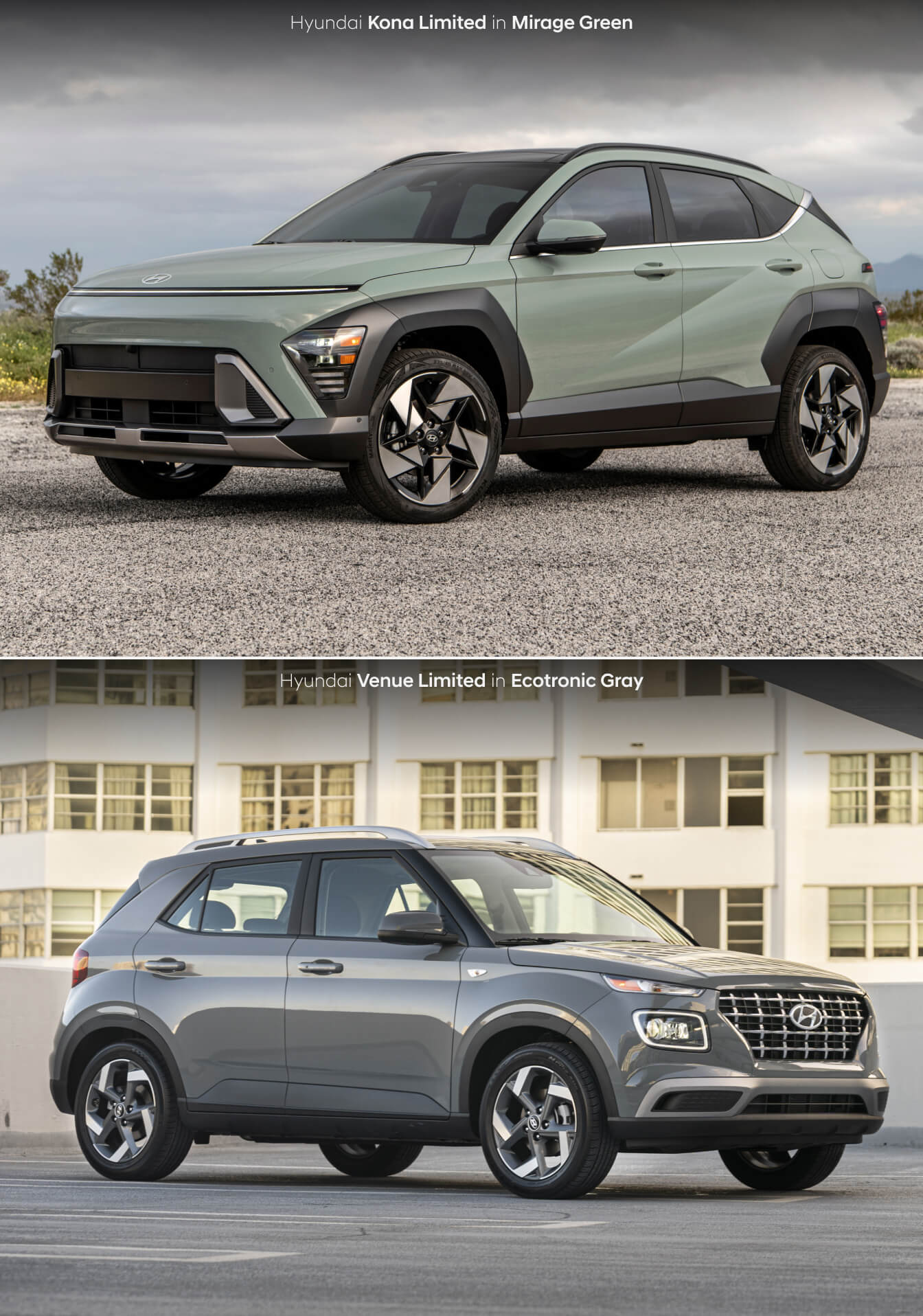 Three-quarter view of both the new Hyundai Kona Limited in Mirage Green and the new Hyundai Venue Limited in Ecotronic Gray
