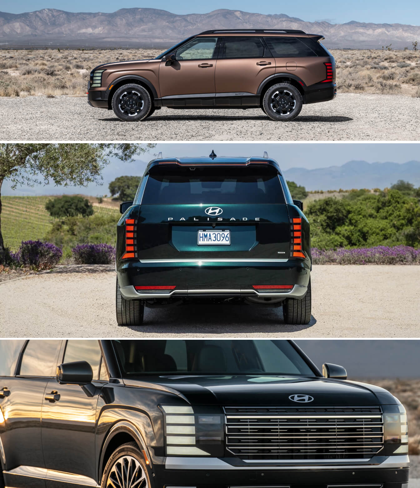Top: Palisade Calligraphy in two tone leather wrapped steering wheel-Middle: 2026 Hyundai Palisade Calligraphy in Robust Emerald taillights. - Bottom: Available integrated front and rear dash cam