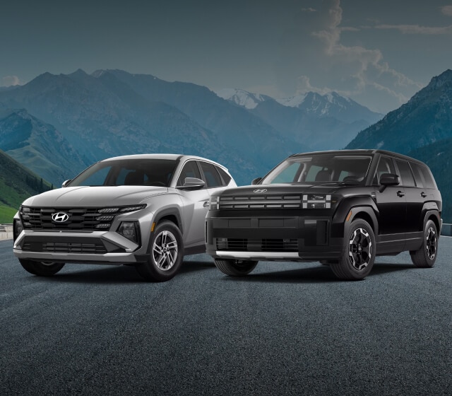 2025 Hyundai Tucson SE FWD in Shimmering Silver and a 2024 Santa Fe SE in Phantom Black