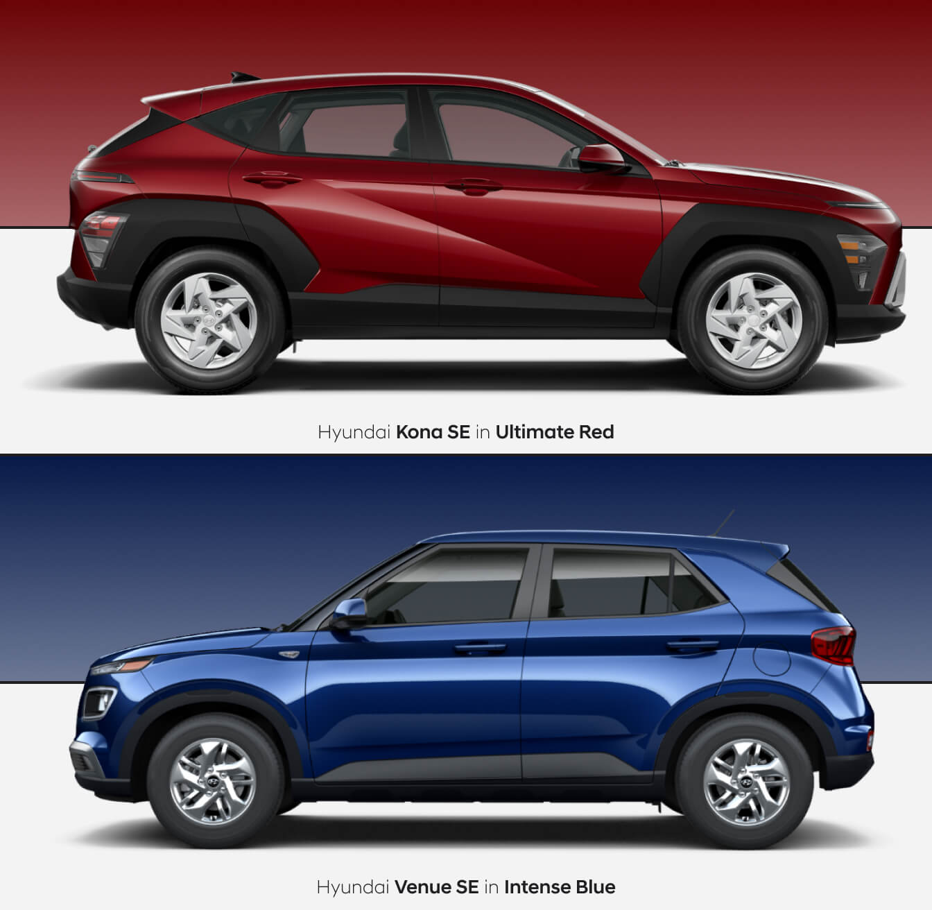 New Hyundai Kona SE in Ultimate Red over a new Hyundai Venue SE in Intense Blue