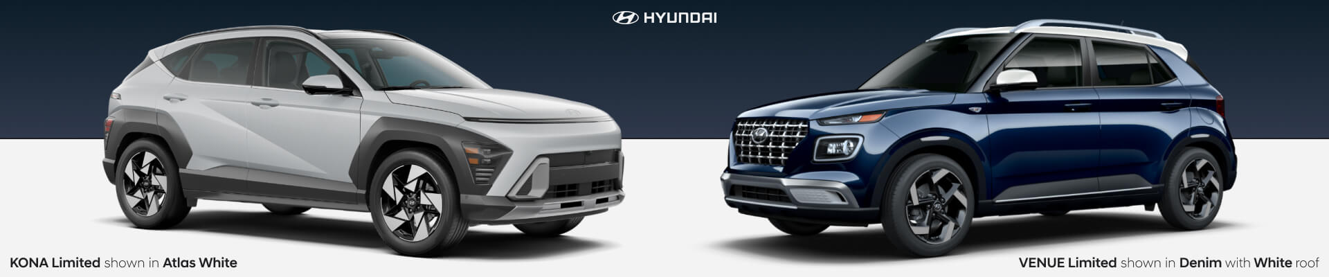 Hyundai Kona Limited in Atlas White facing a Hyundai Venue Limited in Denim Blue