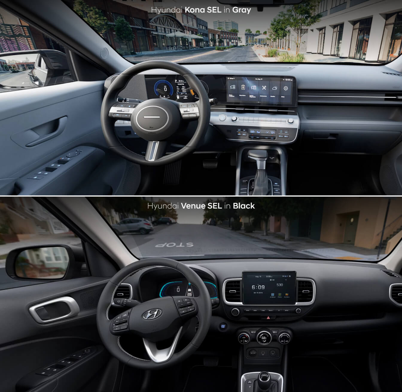 Interior shots of the new Hyundai Kona SEL in Gray and Hyundai Venue SEL in Black