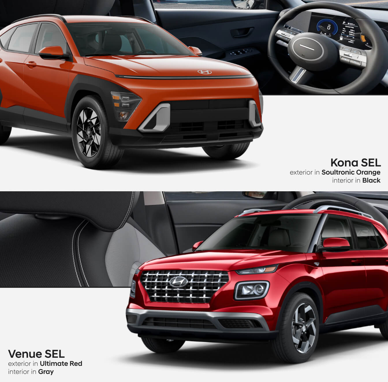 Exterior shots over interior shots of both the Hyundai Kona SEL in Soultronic Orange and Hyundai Venue SEL in Ultimate Red