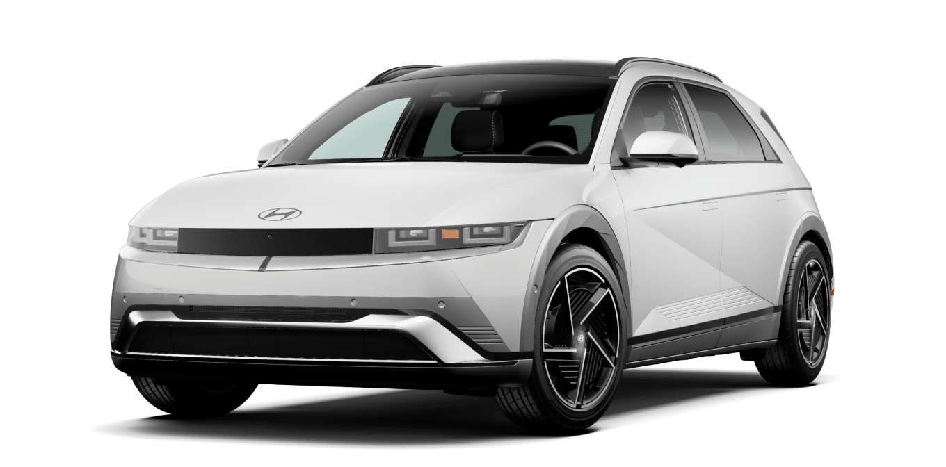 Front three-quarter studio view of a white Hyundai IONIQ5 Limited on a transparent background.