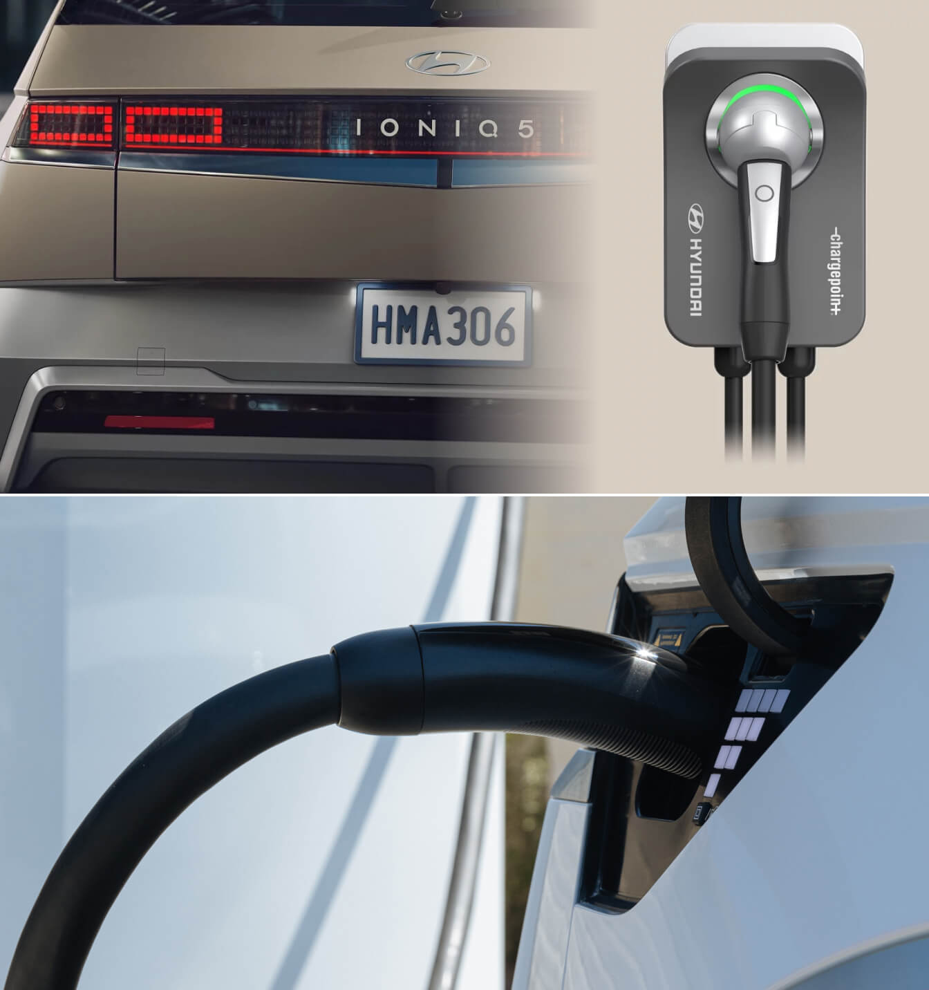 Close-up images of a Hyundai ChargePoint Home Flex Level 2 EV charger & 2025 Hyundai IONIQ 5 charging inlet