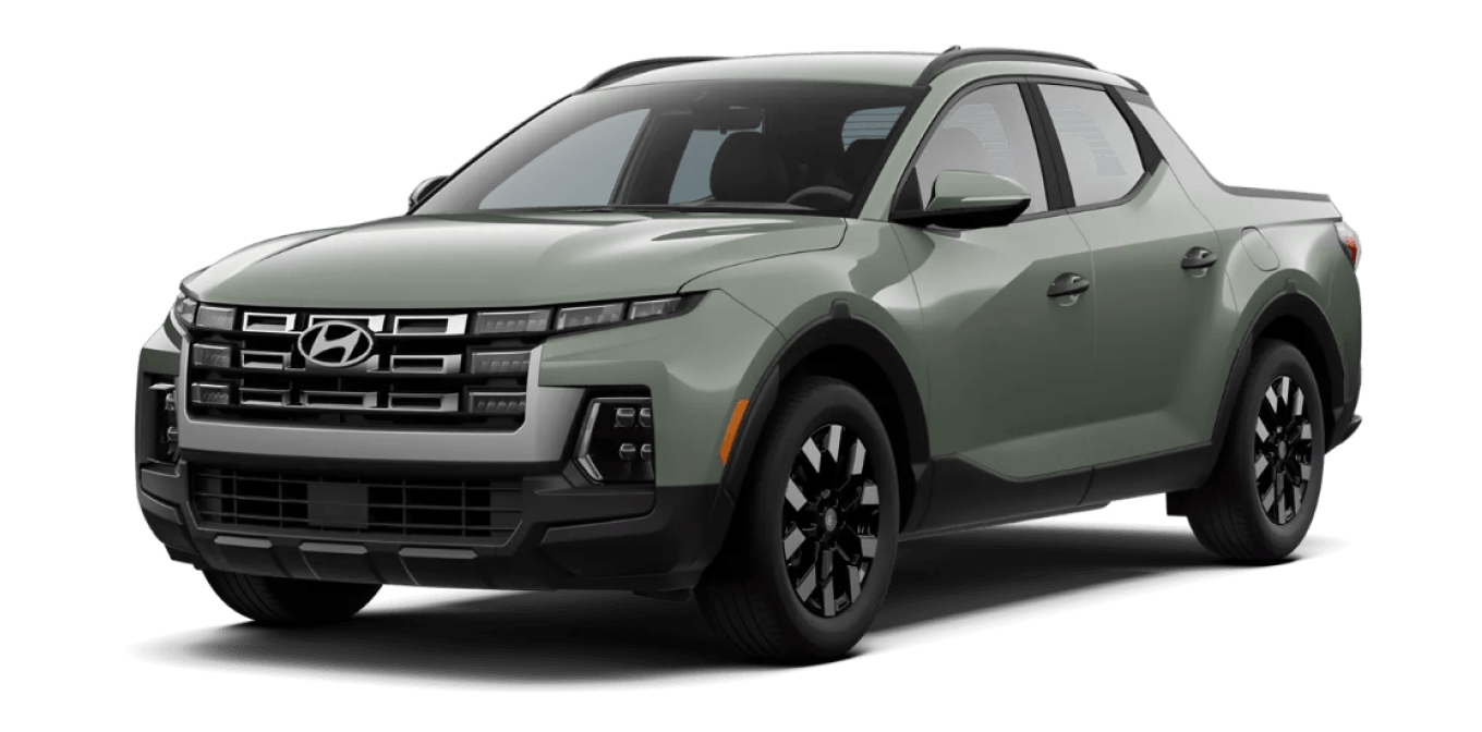 Front three-quarter studio view of a 2026 Hyundai Santa Cruz SE in Sage Gray color on a transparent background.