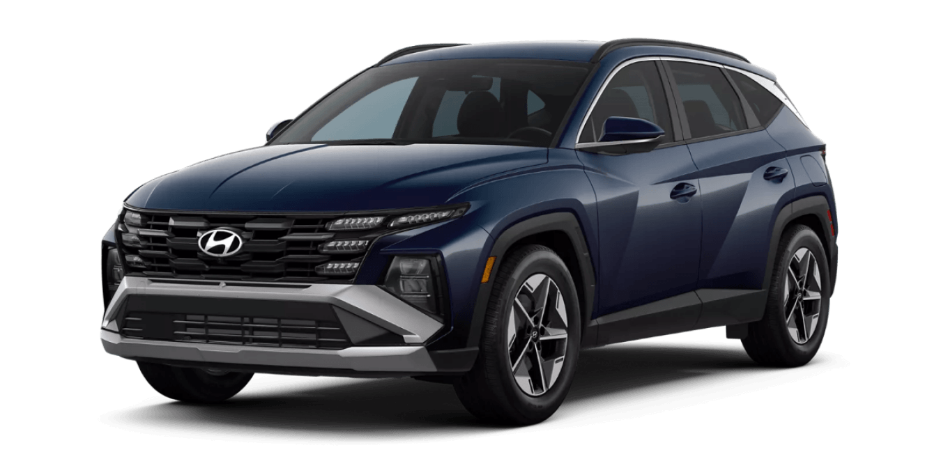 Front three-quarter studio view of a 2026 Hyundai Tucson Hybrid SE in Deep Sea color on a transparent background.
