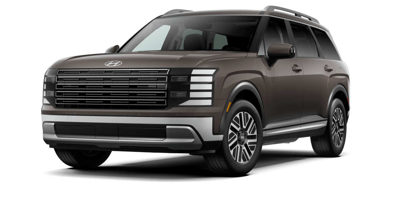 Front three-quarter studio view of a 2026 Hyundai Palisade Hybrid SEL in Cast Iron Brown Pearl color on a transparent background.