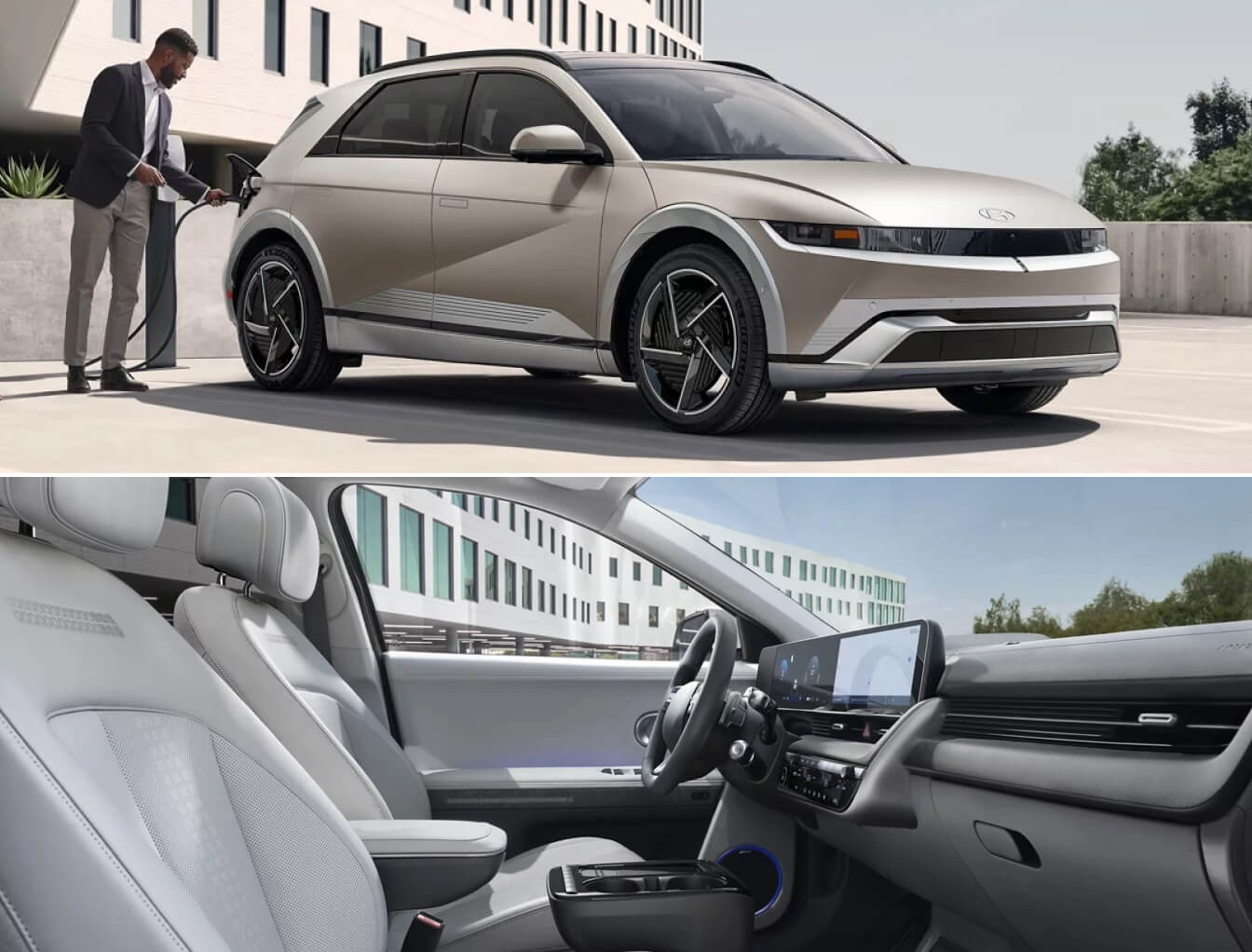 2 images of the 2025 Hyundai IONIQ 5, exterior shot in Gravity Gold Matte and interior shot of the front seat and 12.3 inches infotainment touchscreen