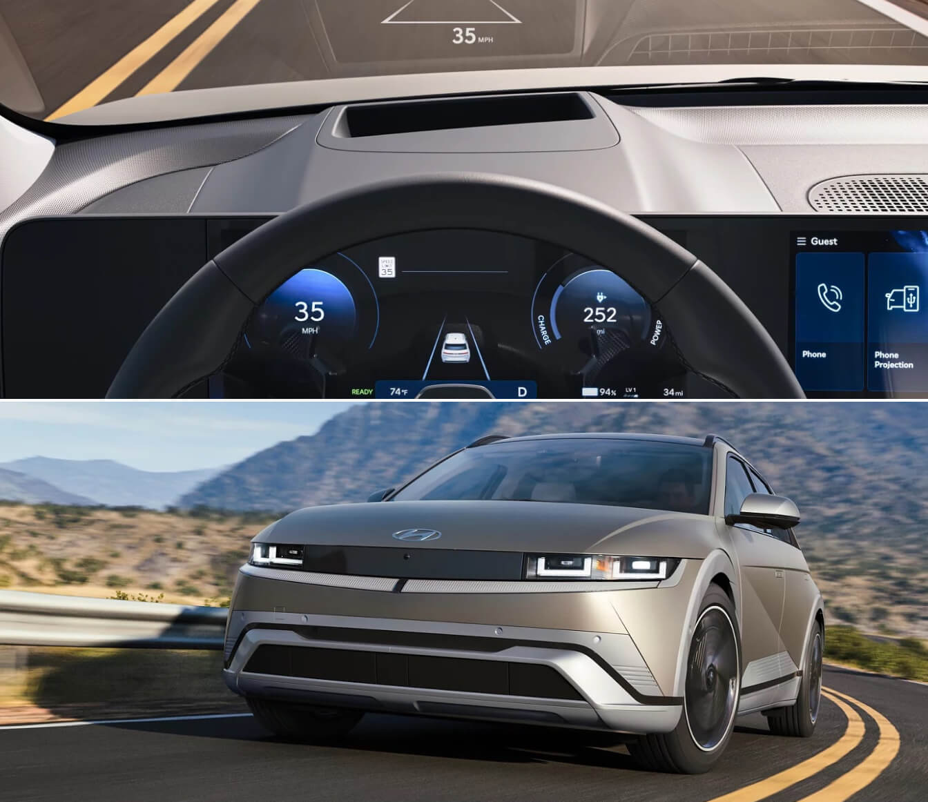 2025 IONIQ 5 12.3-inch digital instrument cluster and the INIOQ 5 driving through a mountainous landscape