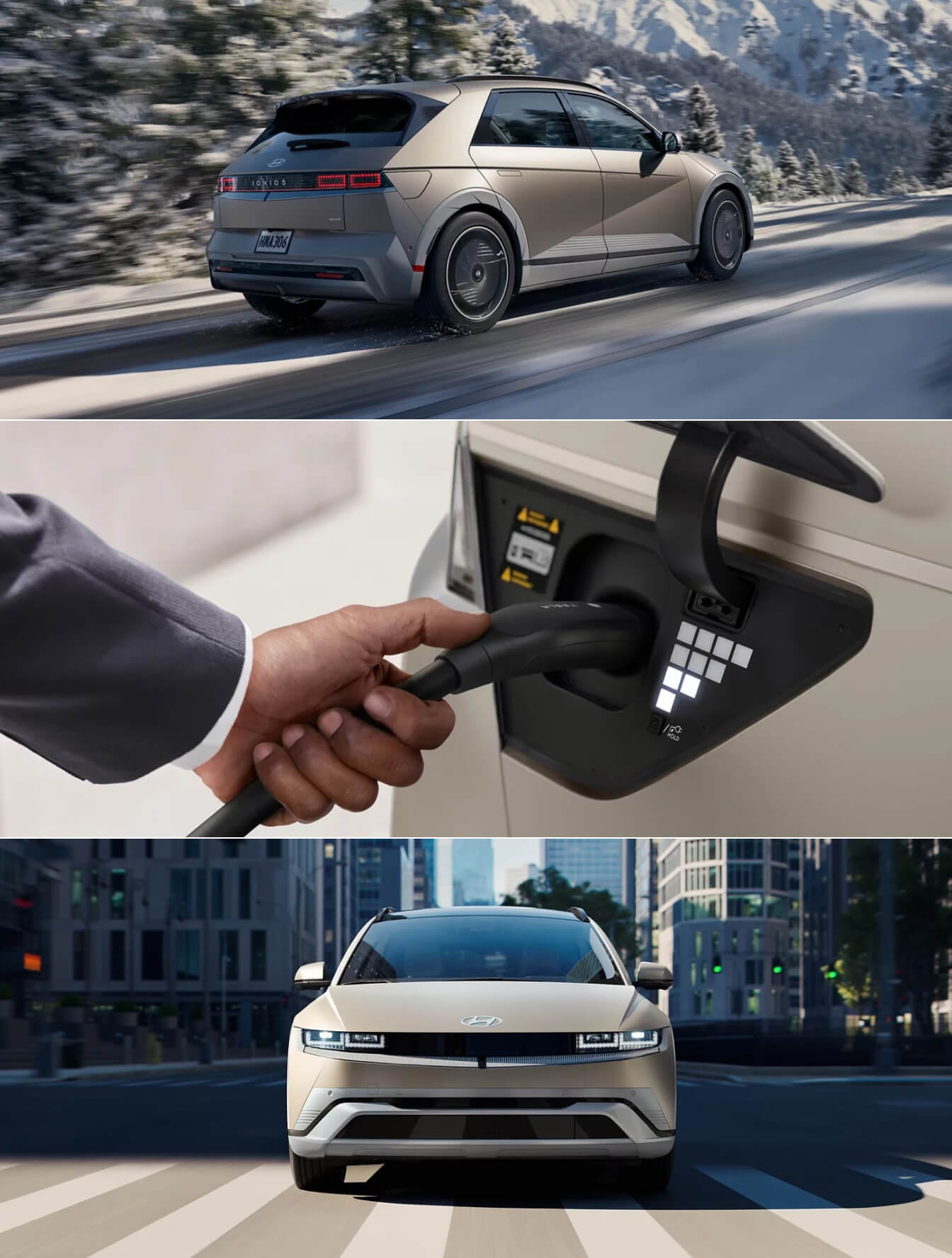 3 images of the 2025 Hyundai IONIQ 5 in Gravity Gold Matte: on an icy road, in the city, and a close-up of the charging inlet