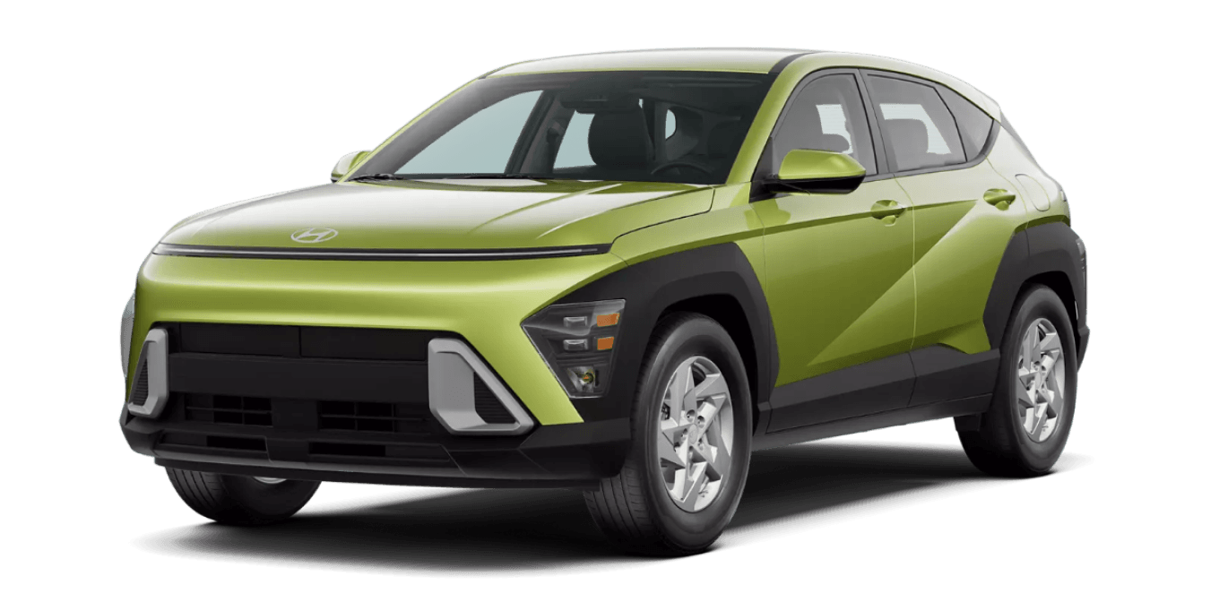 Front three-quarter studio view of a 2026 Hyundai Kona SE in Neoteric Yellow color on a transparent background.