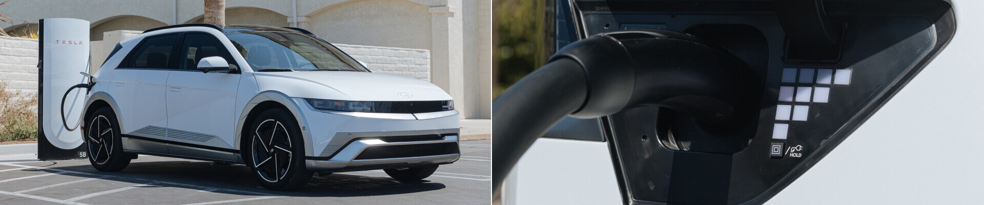 2025 Hyundai IONIQ 5 in Atlas White plugged into to a Tesla Supercharger