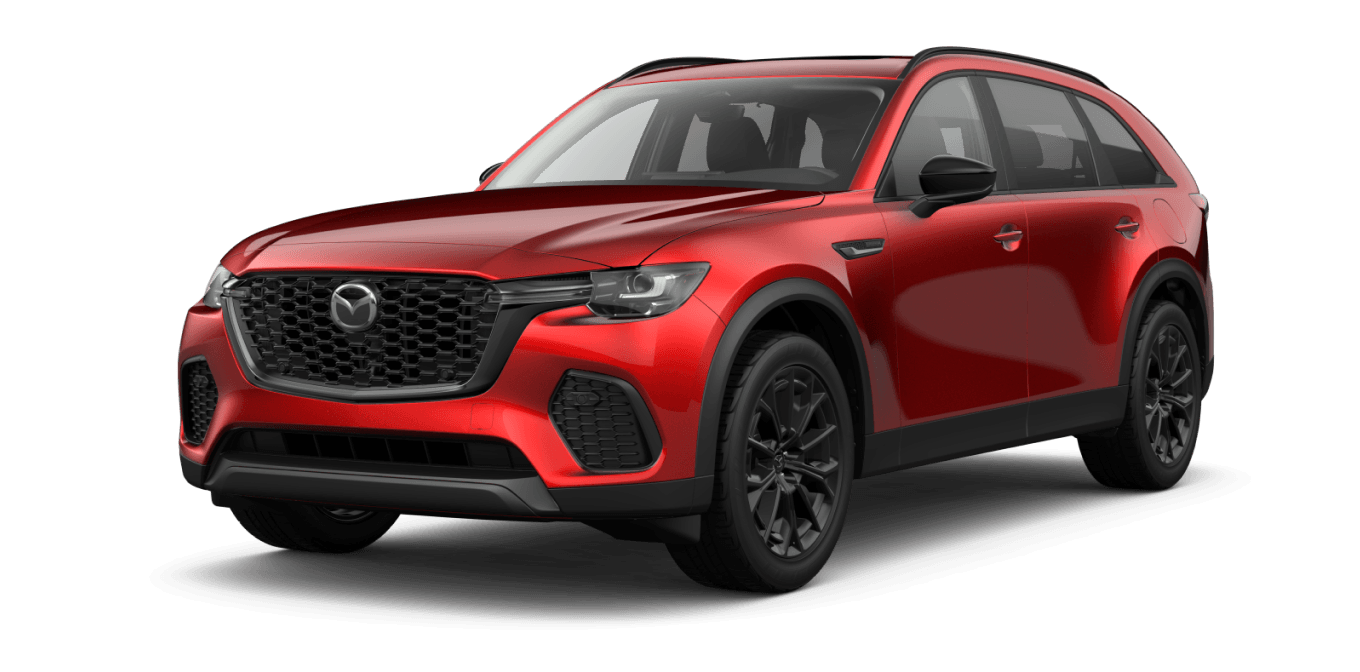 Front three-quarter studio view of a red Mazda CX-70 in 3.3 Turbo Preferred trim on a transparent background.