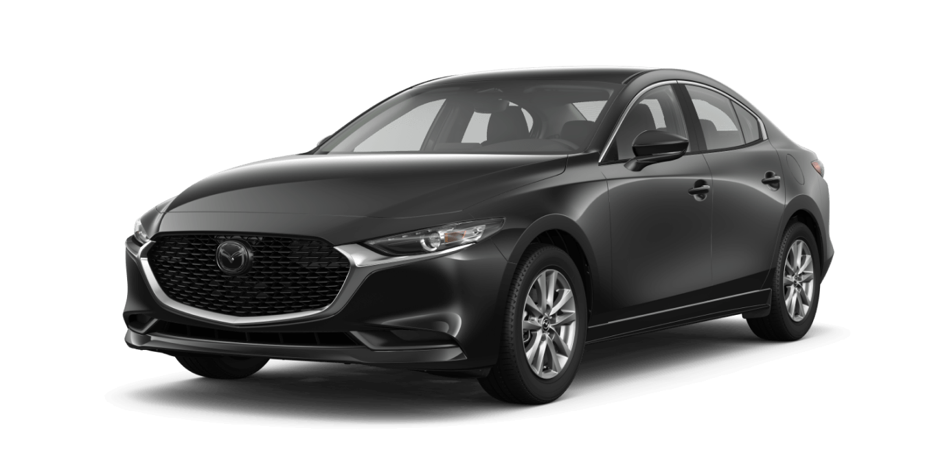 Front three-quarter studio view of a black Mazda3 Sedan in 2.5 S trim on a transparent background.