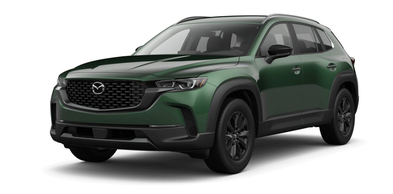 Front three-quarter studio view of a green Mazda CX-50 in 2.5 S Select trim on a transparent background.