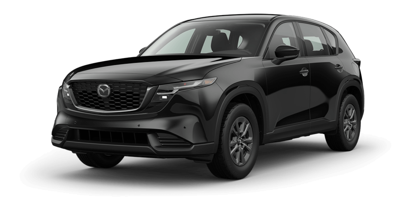 Front three-quarter studio view of a black Mazda CX-5 in 2.5 S trim on a transparent background.