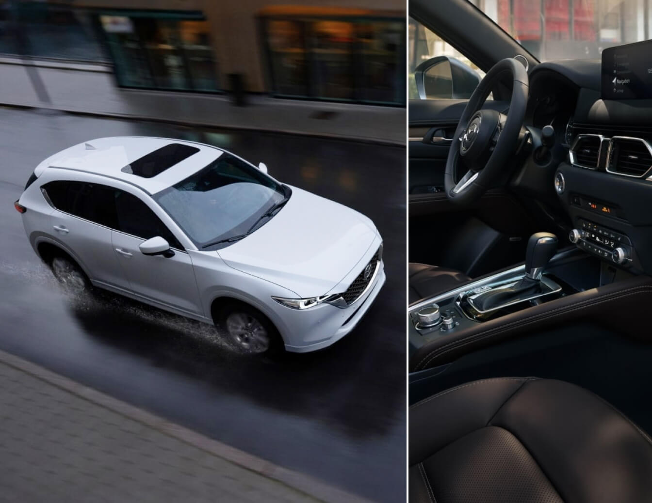 Mazda CX-5 2.5 S Premium Plus in Rhodium White driving on a rainy day & an interior shot of the front seat