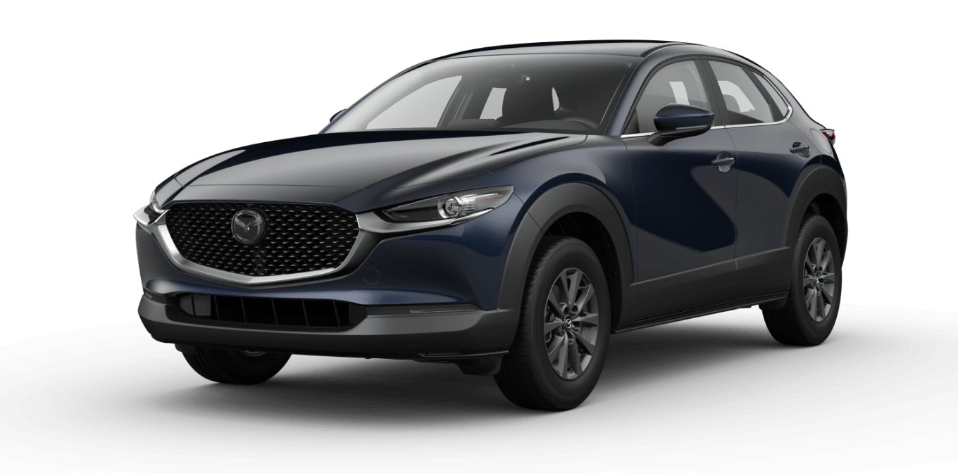 Front three-quarter studio view of a dark blue Mazda CX-30 in 2.5 S Select trim on a transparent background.