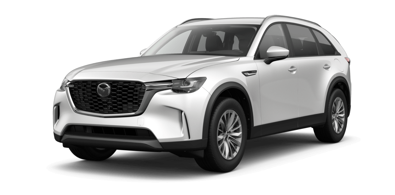 Front three-quarter studio view of a white Mazda CX-90 in 3.3 Turbo Select trim on a transparent background.