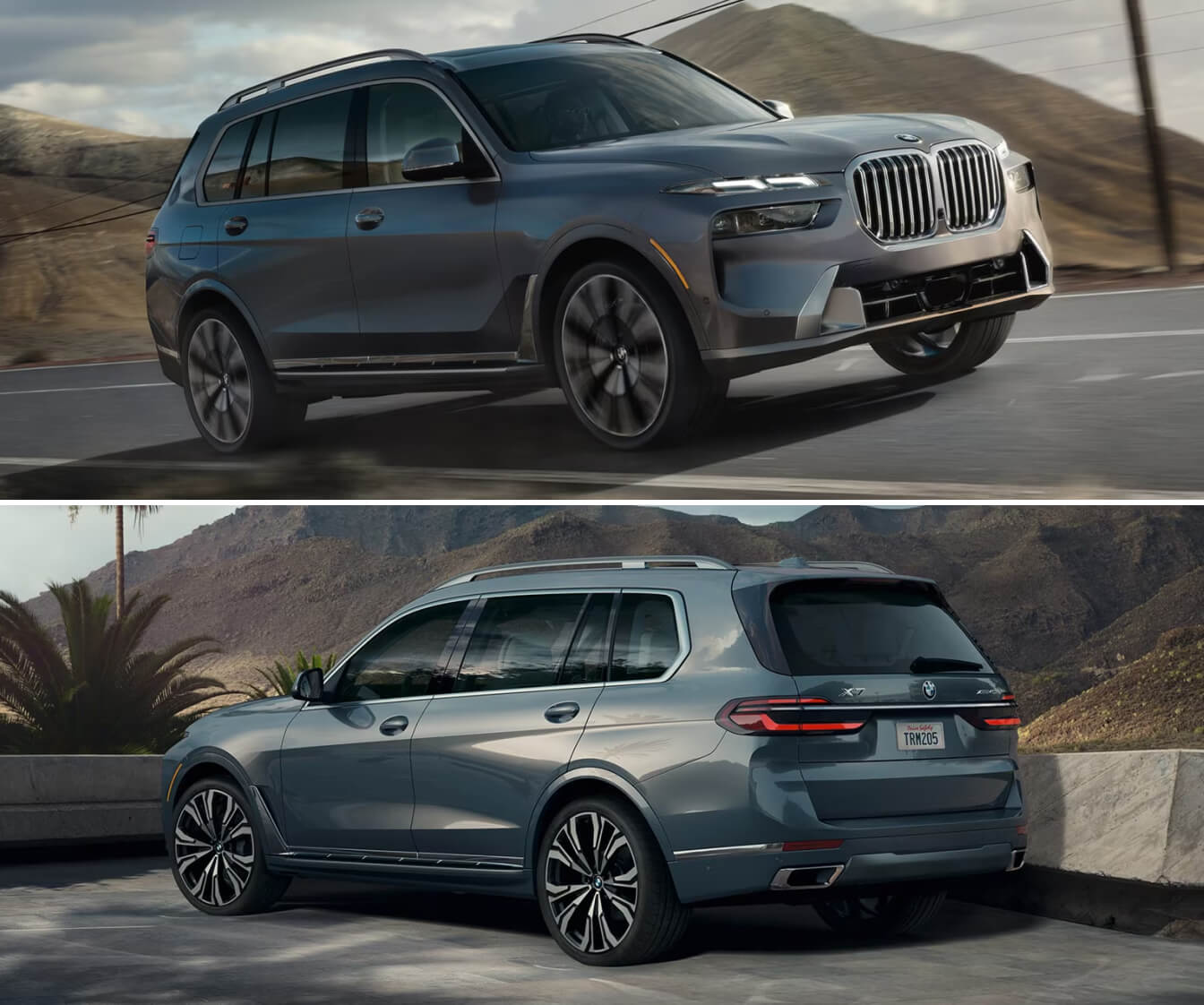 2026 BMW X7 front three-quarter view and back three-quarter view