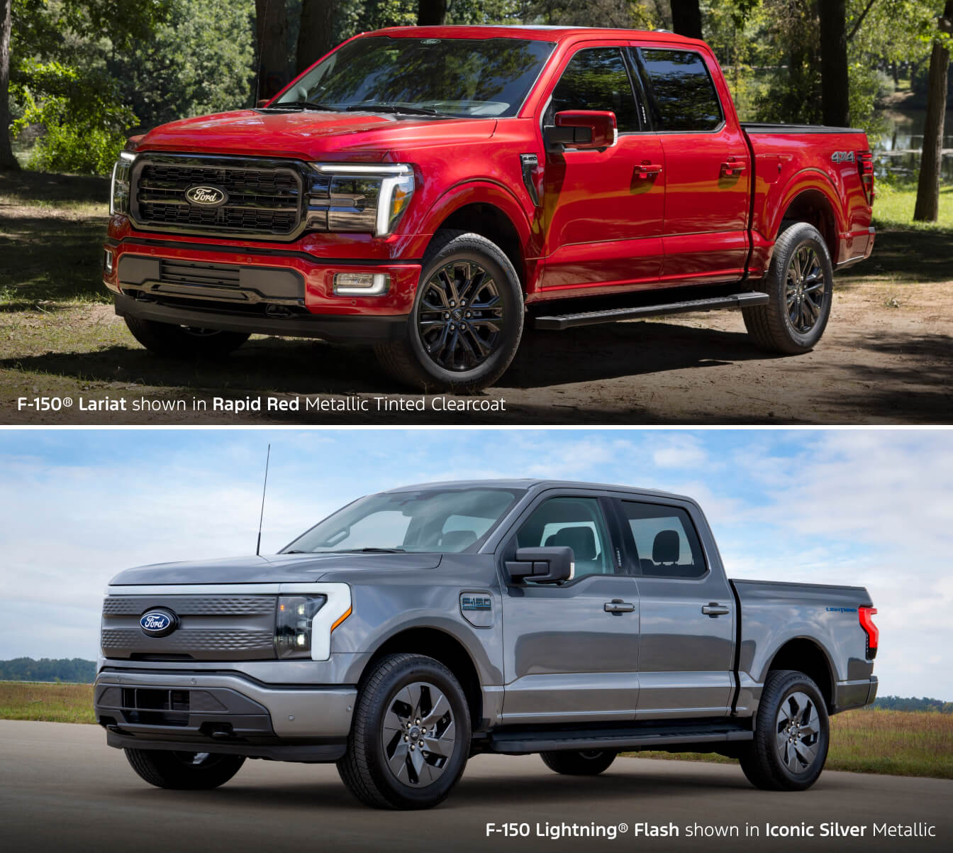 Ford F-150 Lariat shown in Rapid Red Metallic Tinted Clearcoat and a Ford F-150 Lightning Flash shown in Iconic Silver Metallic