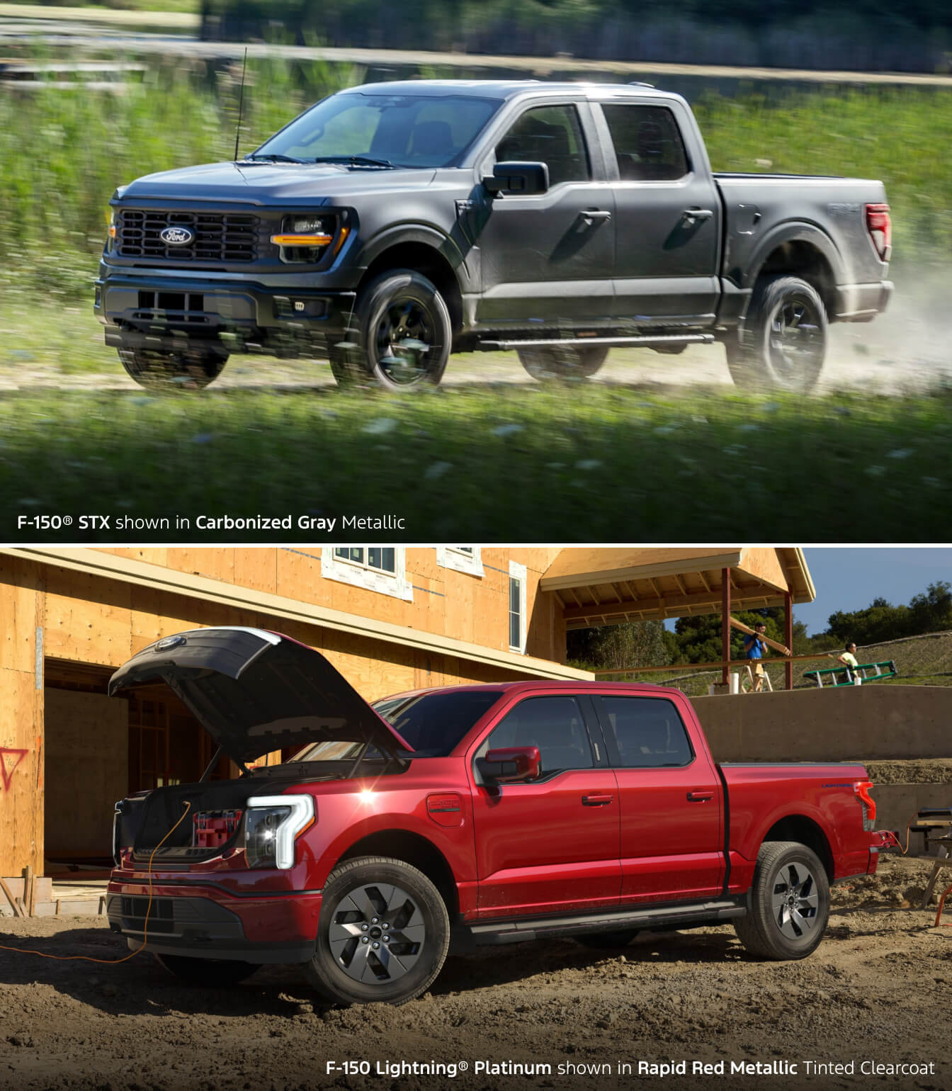 Ford F-150 STX in Carbonized Gray Metallic over a Ford F-150 Lightning Platinum in Rapid Red Metallic Tinted Clearcoat