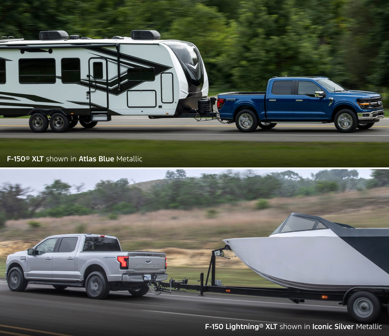 Ford F-150 XLT shown in Atlas Blue Metallic towing an RV and a Ford F-150 Lightning XLT shown in Iconic Silver Metallic towing a boat