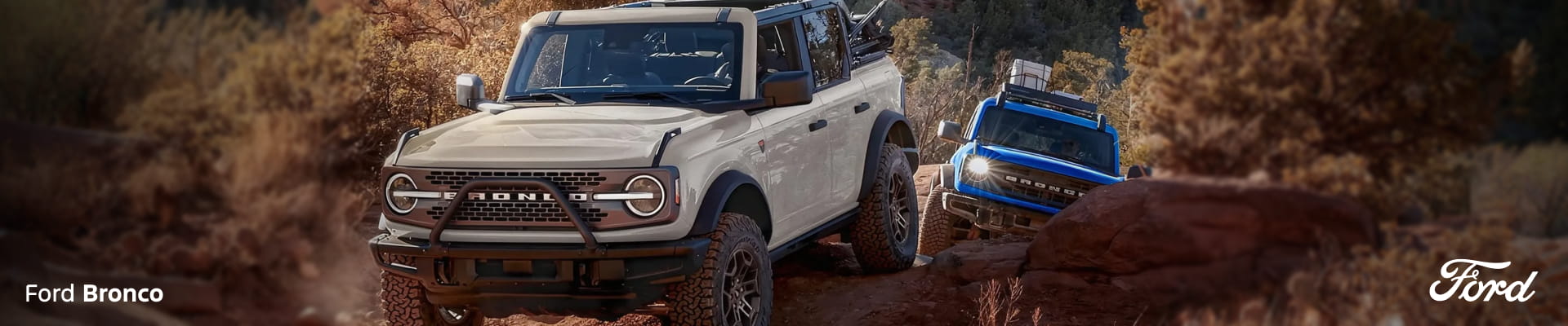 A white Ford Bronco leading a blue Ford Bronco through off-road terrain.