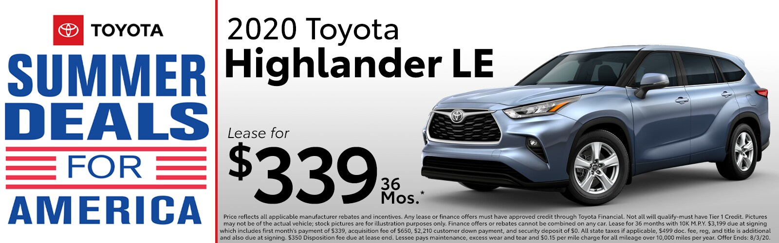 2020 Toyota Highlander LE 4WD for as low as $339 a month for 36 months 2020 Toyota Highlander LE V6 at McGee Toyota of Epping