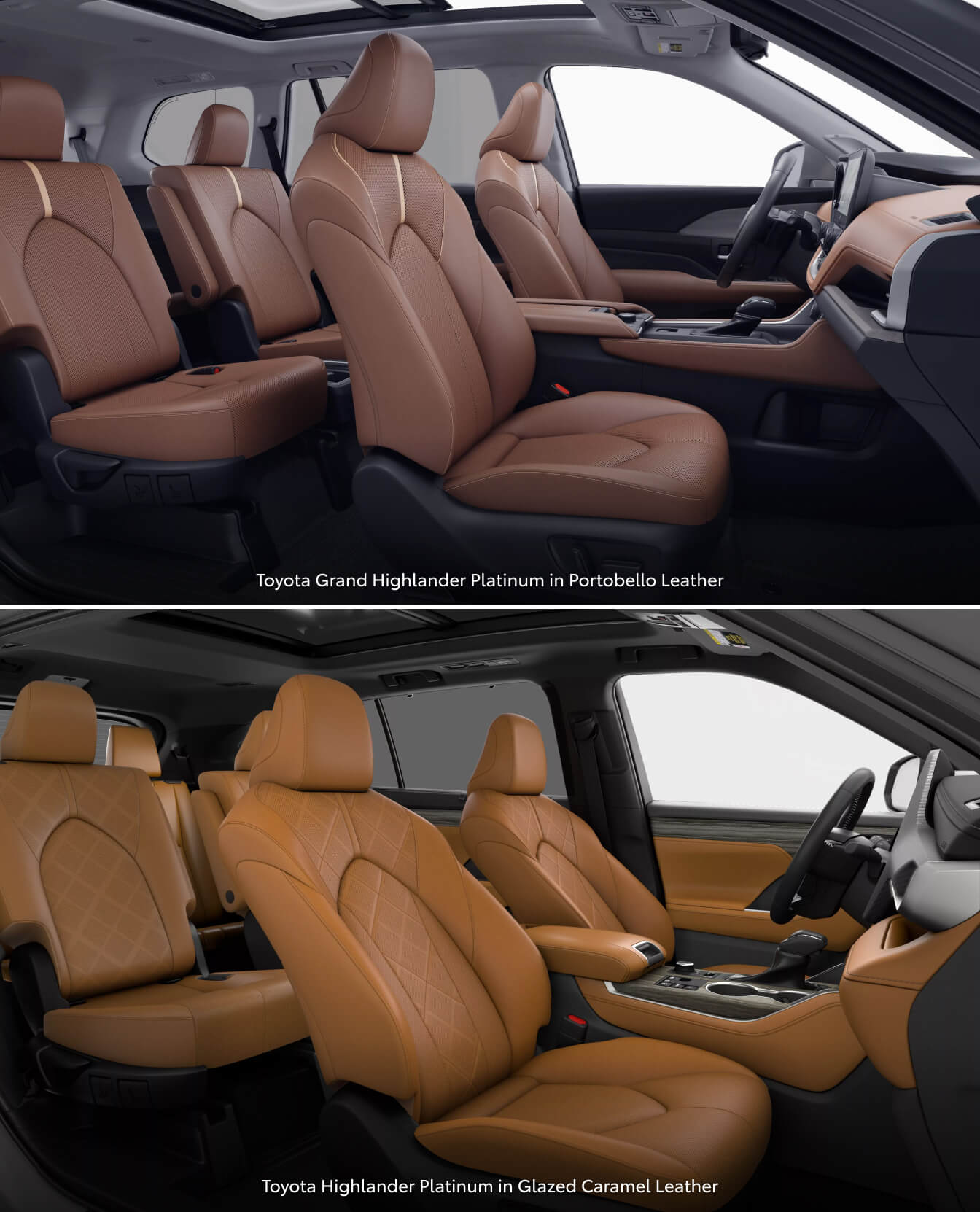 Interior shots of a Toyota Grand Highlander Platinum in Portobello Leather & Toyota Highlander Platinum in Glazed Caramel Leather
