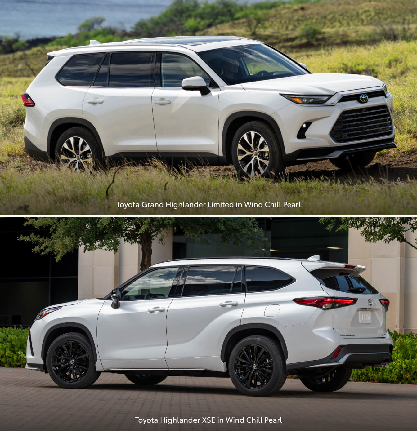 Toyota Grand Highlander Limited in Wind Chill Pearl and a Toyota Highlander XSE in Wind Chill Pearl