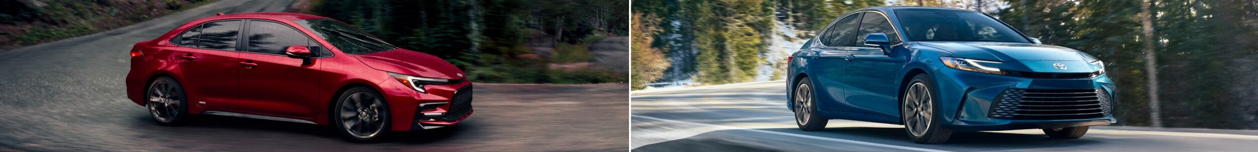 New Toyota Corolla Hybrid SE in Ruby Flare Red & New Toyota Camry XLE in Ocean Gem