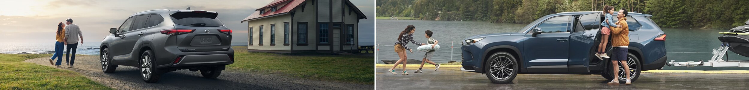 New Toyota Highlander Hybrid Limited in Heavy Metal & New Toyota Grand Highlander Platinum Hybrid in Storm Cloud