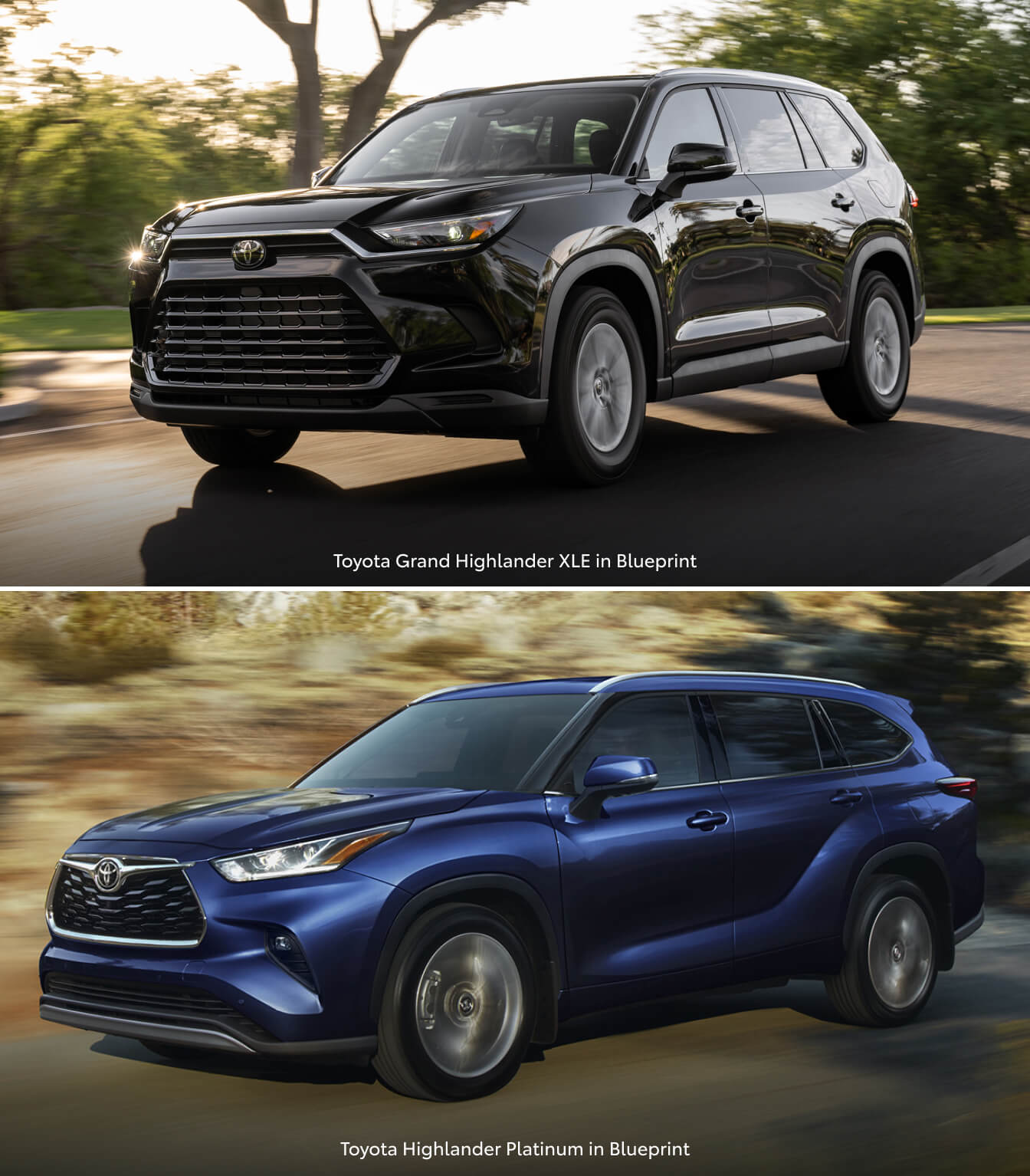 Toyota Grand Highlander XLE in Blueprint and a Toyota Highlander Platinum in Blueprint