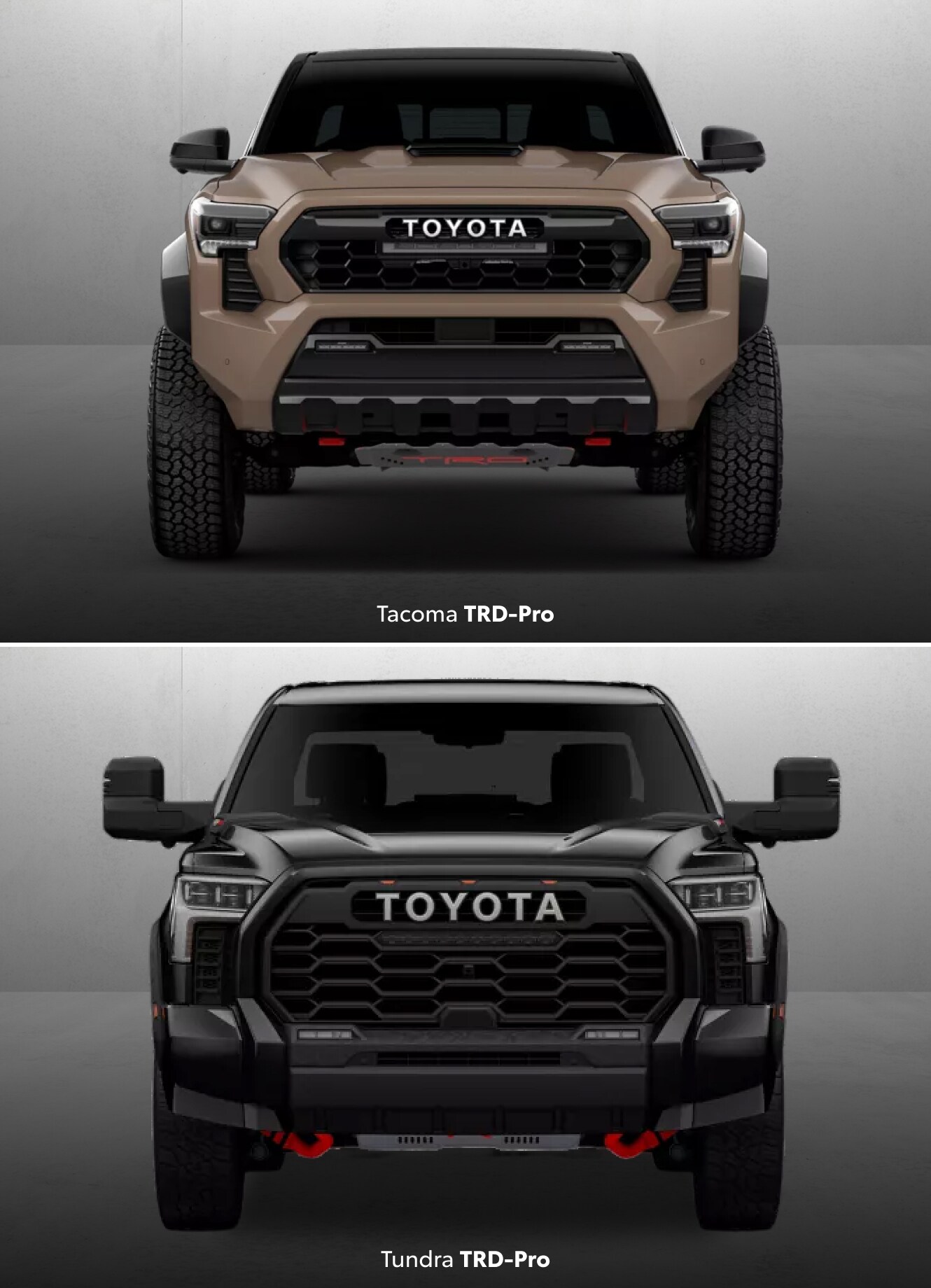 Front view of two 2025 Toyota Tacoma TRD-Pro pickup trucks: one in Mudbath & the other in Midnight Black