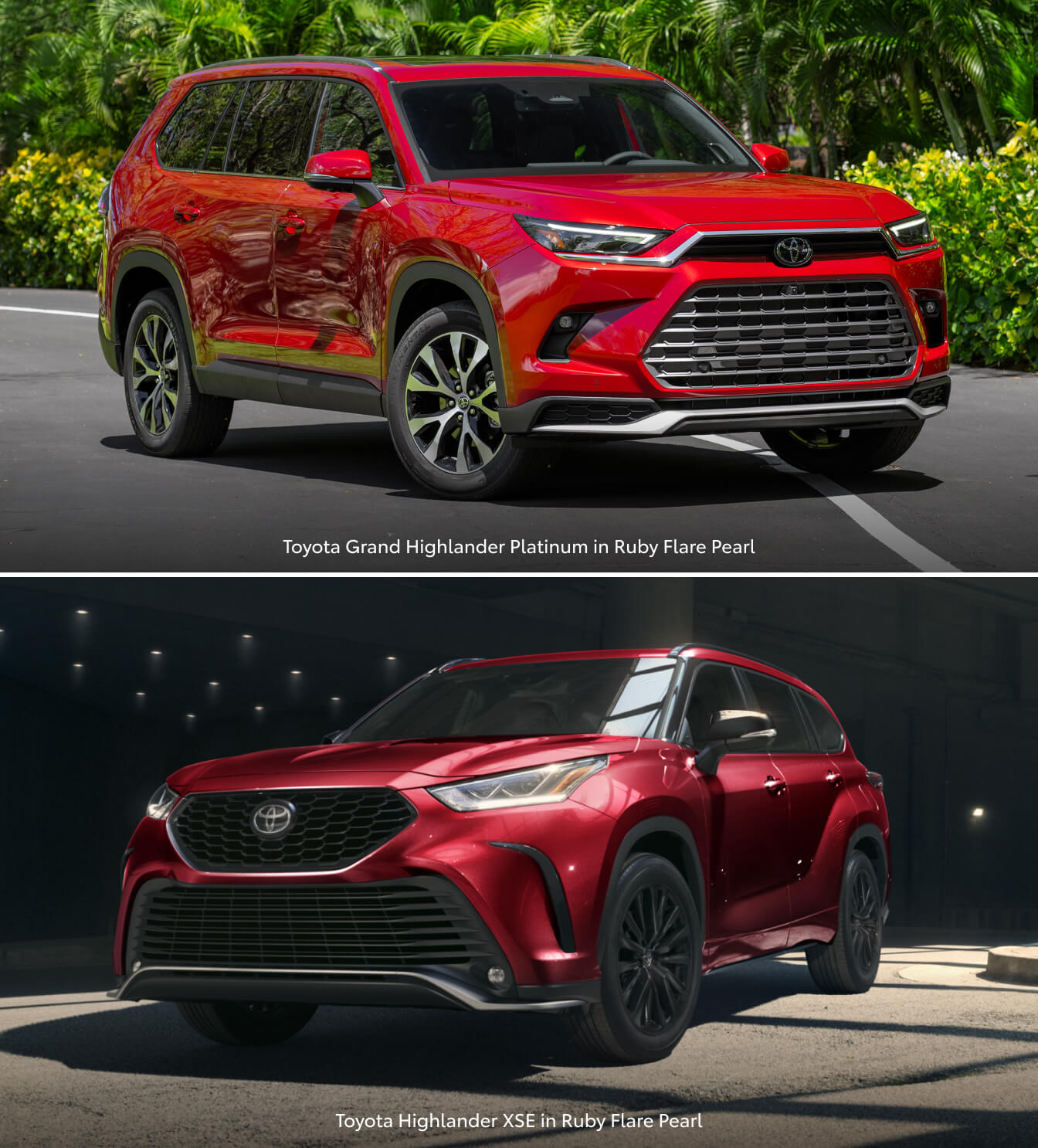 Toyota Grand Highlander Platinum in Ruby Flare Pearl and a Toyota Highlander XSE in Ruby Flare Pearl