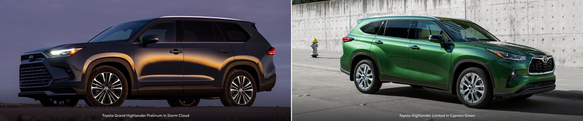 Toyota Grand Highlander Platinum in Storm Cloud and a Toyota Highlander Limited in Cypress Green