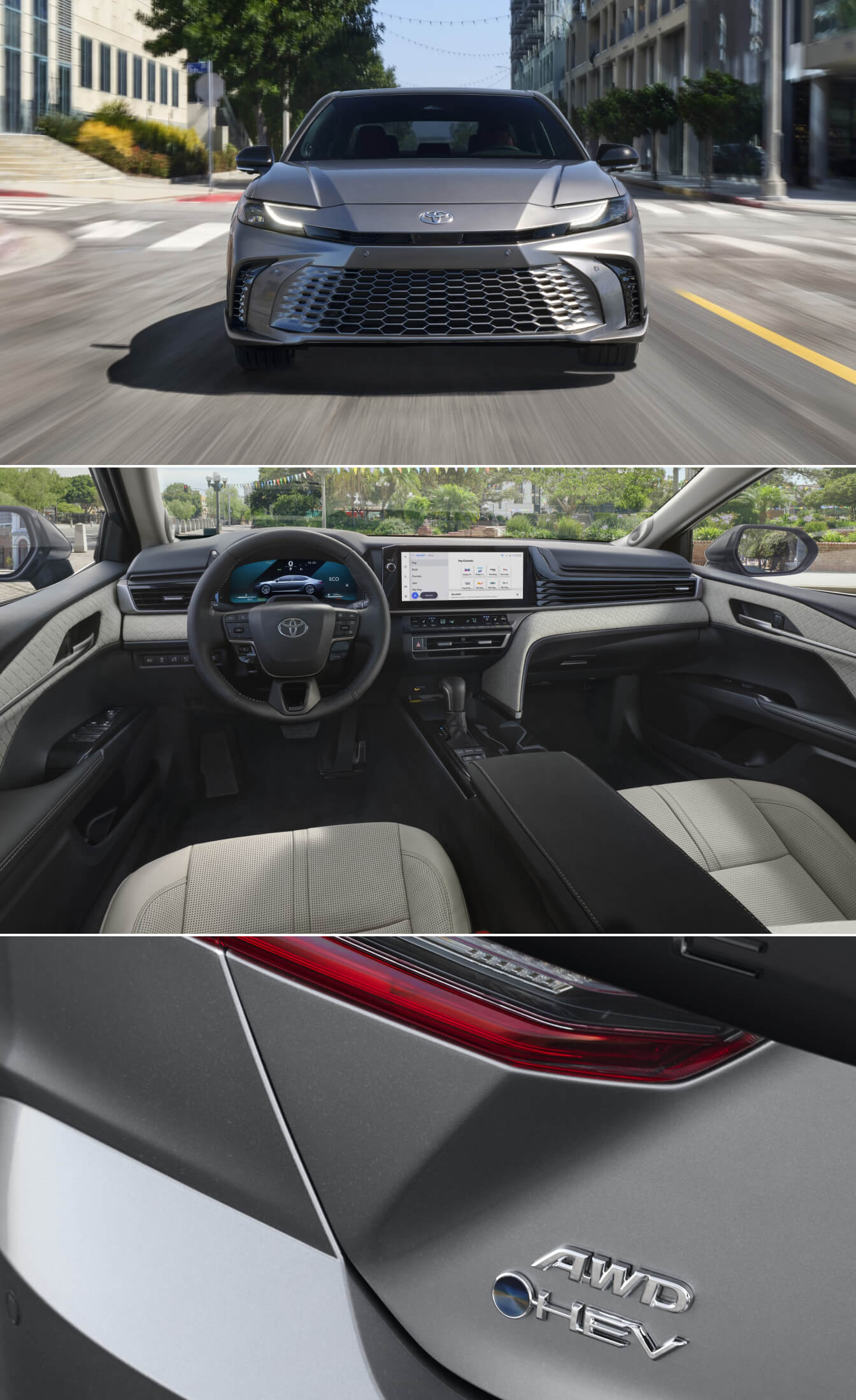 Interior and Exterior shots of a 2026 Toyota Camry XSE AWD in Heavy metal with a Midnight Black Metallic Roof