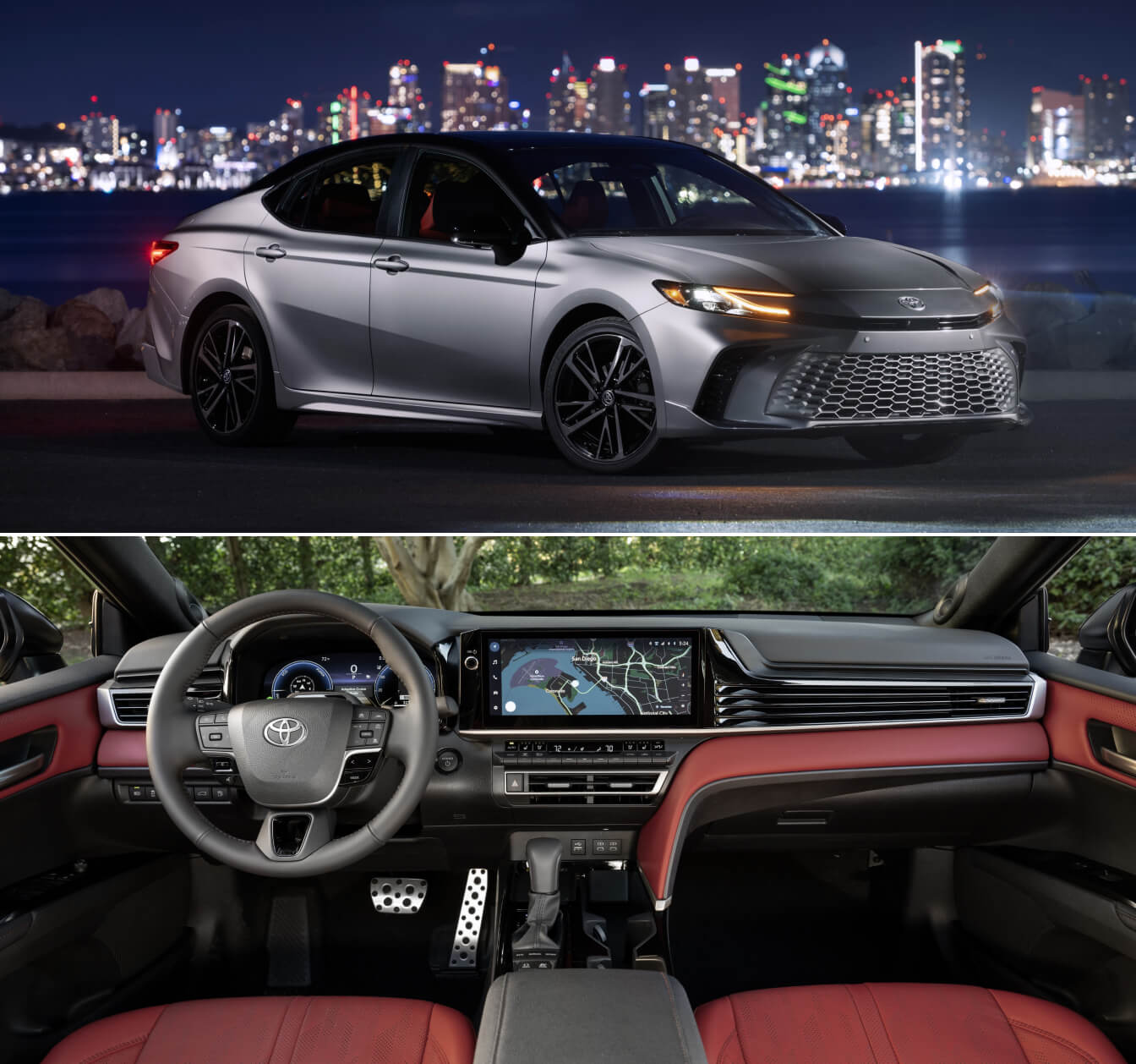Interior and exterior shots of a 2026 Toyota Camry XSE: exterior shown in Heavy Metal & interior shown in Cockpit Red