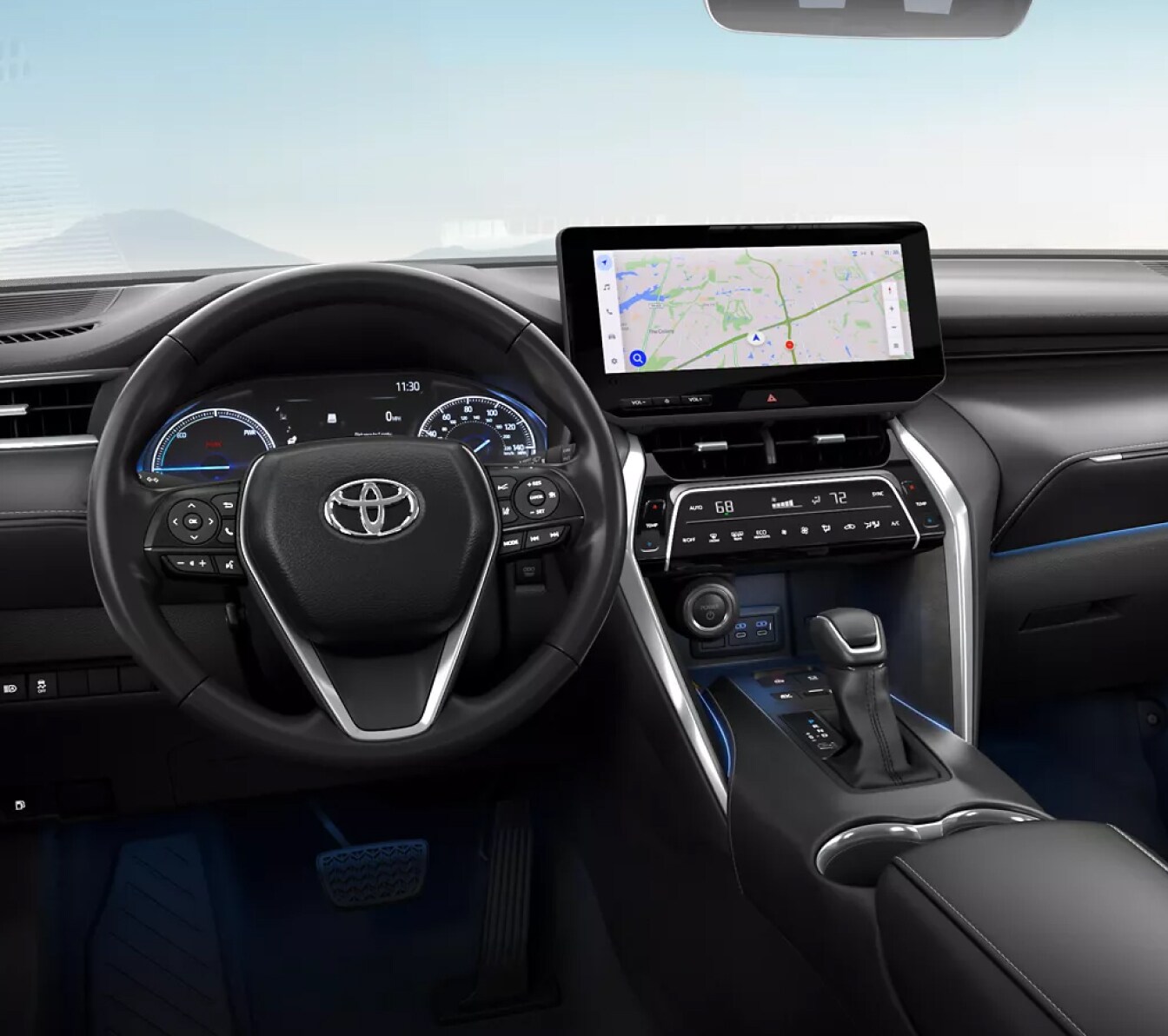 Interior view of the dashboard and wheel of a rented Toyota car